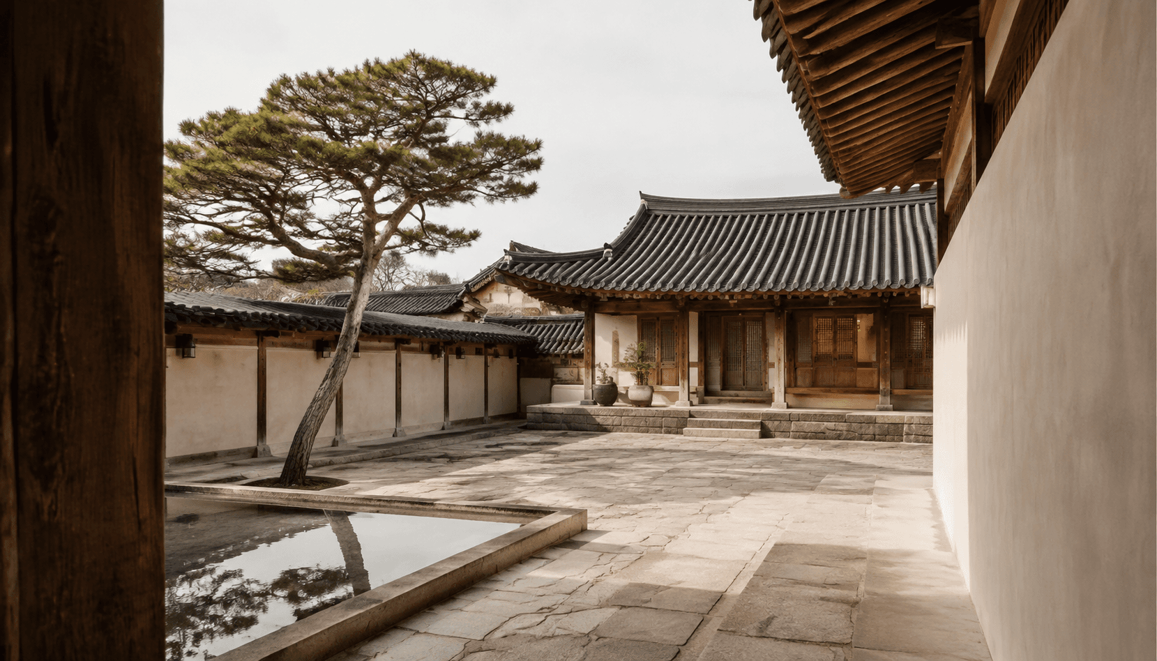 Illustrative Korean hanok courtyard with a pine tree and stone pathway